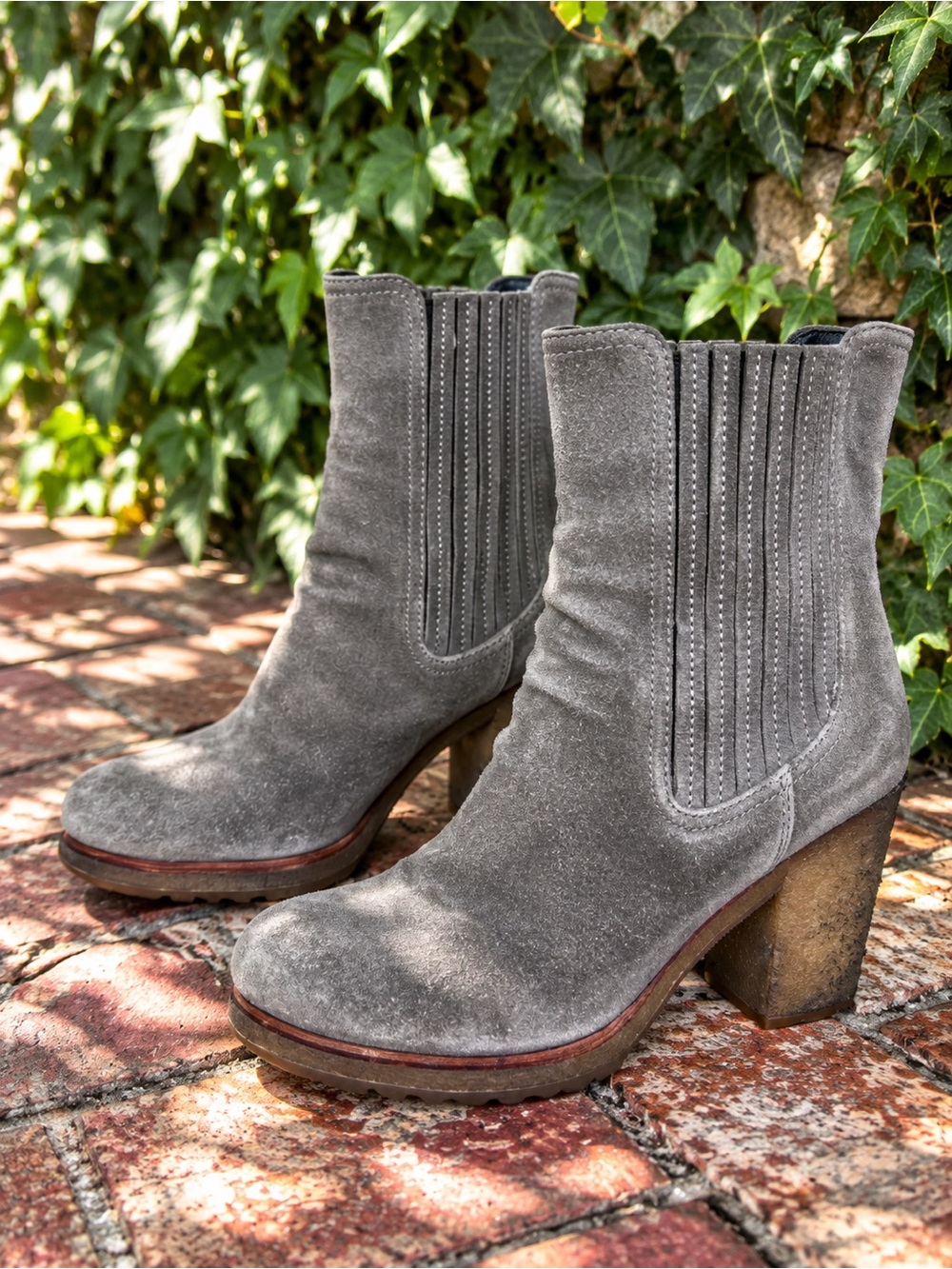 PRADA Chunky Gray Suede Sculptural Crepe Ankle Boots with Rounded Toes, 36